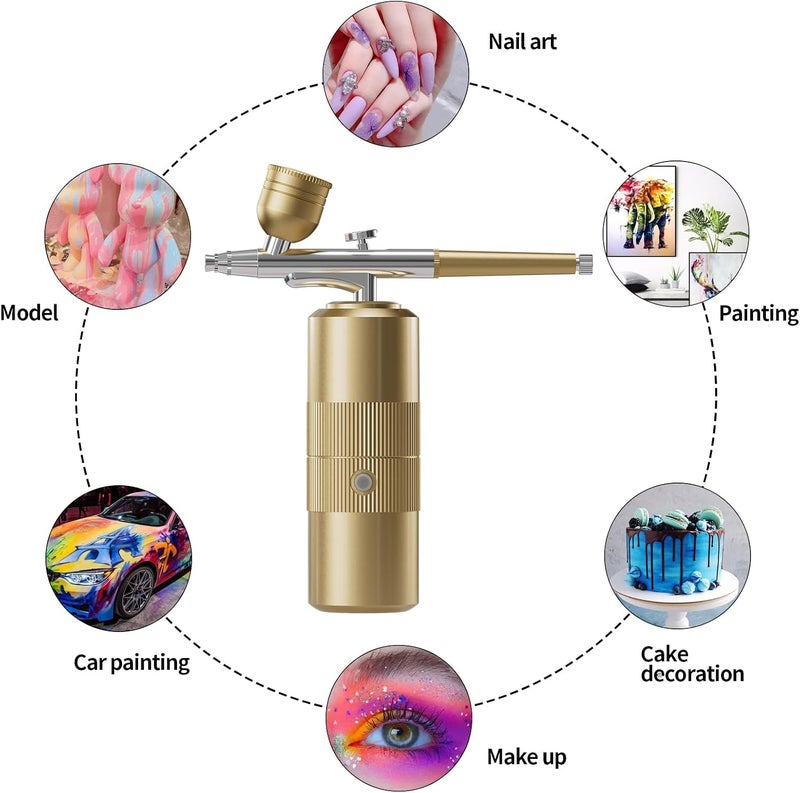 CBVCBV Airbrush Kit with Compressor Portable Airbrush Kit 48PSI High-Pressure Non-Clogging Air Brush Set Cordless Rechargeable with 0.3mm Nozzle and Cleaning Brush for Painting,Nail Art, Makeup (Gold) - Image 4